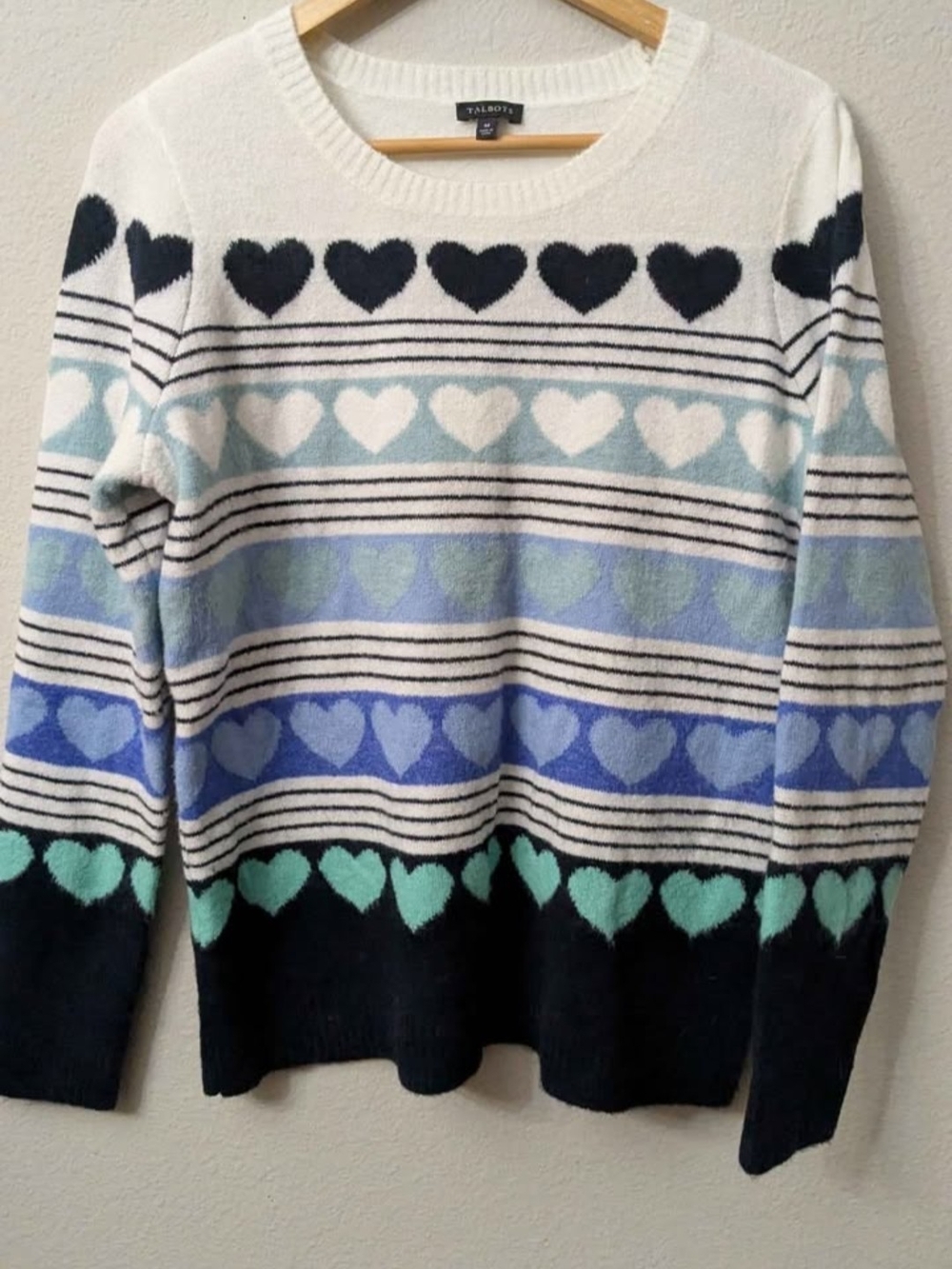 Talbots Cream Sweater with Blue, Teal & Navy Heart Stripes